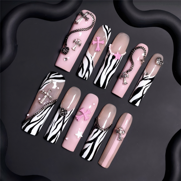 Press on Nails Medium Fake Nails Pink Glossy Glue on Nails Glitter Acrylic Nails Oval Stick on Nails for Women and Girls